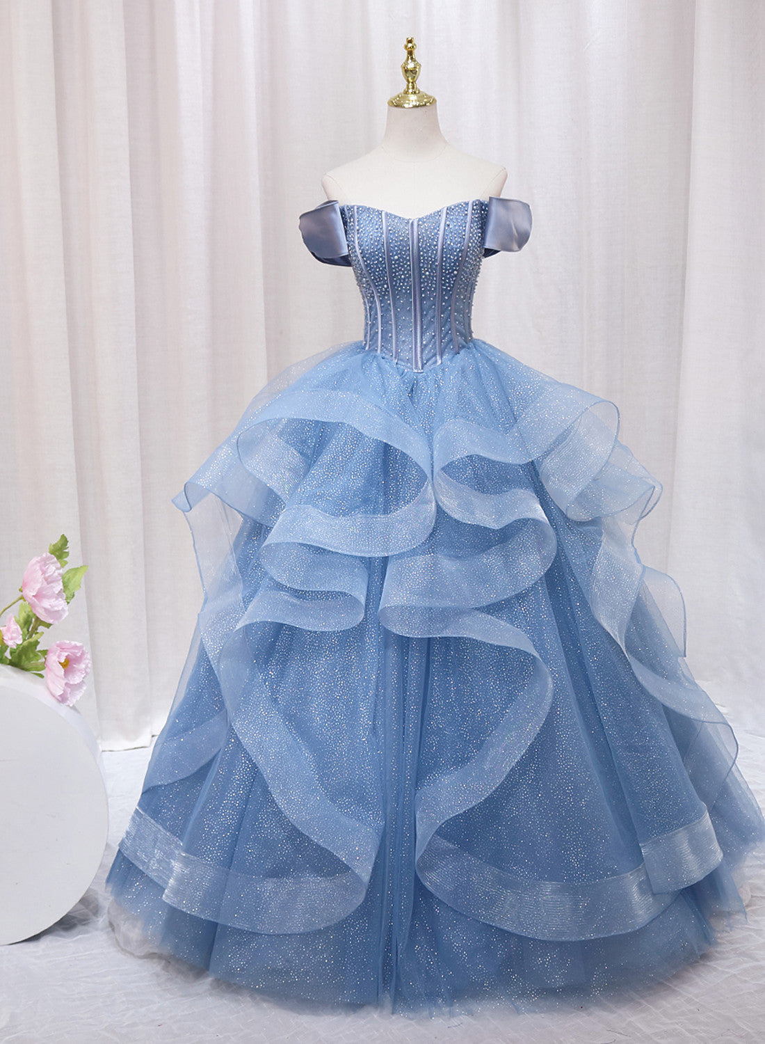 Blue Beaded Off Shoulder Tulle Long Formal Dress