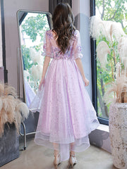 Lovely Light Purple High Low Tulle with Lace Party Dress