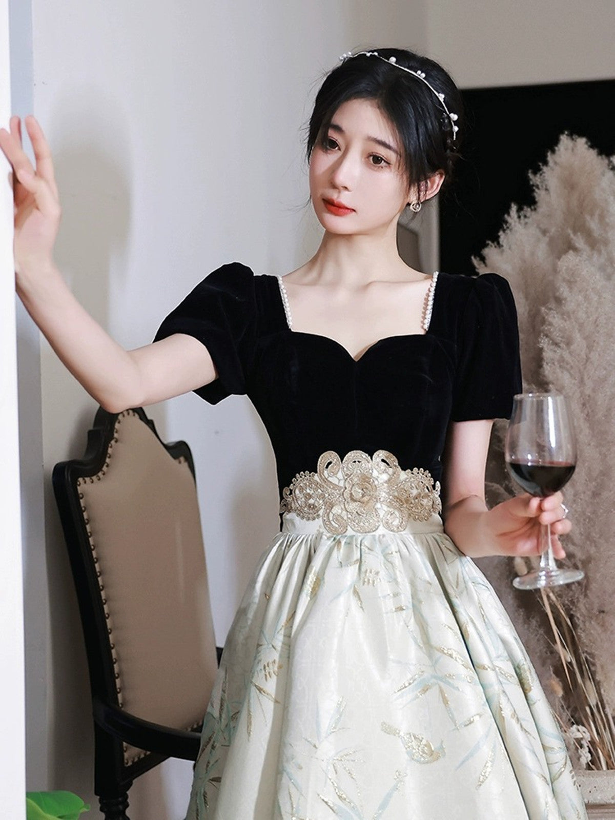 Lovely Short Sleeves Satin and Velvet Party Dress