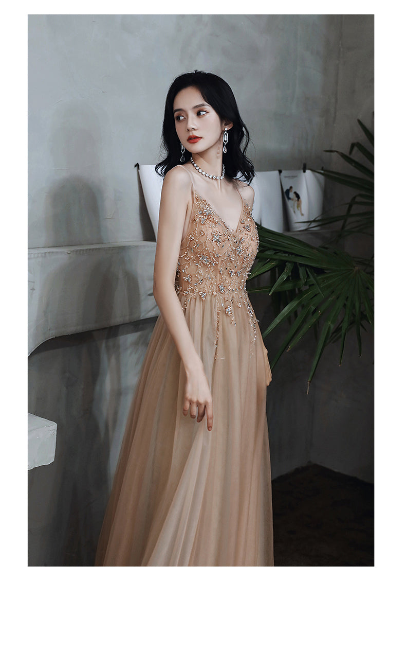Sexy Champagne Beaded Deep V-neckline Long Party Dress