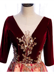 Vestido de fiesta largo de terciopelo rojo vino con mangas 1/2 y encaje 