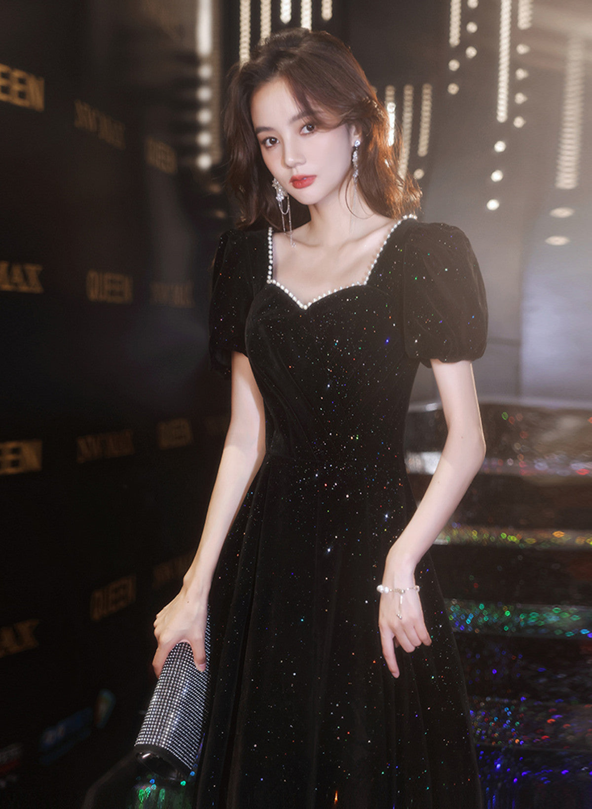 Black Short Sleeves A-line Velvet Long Prom Dress