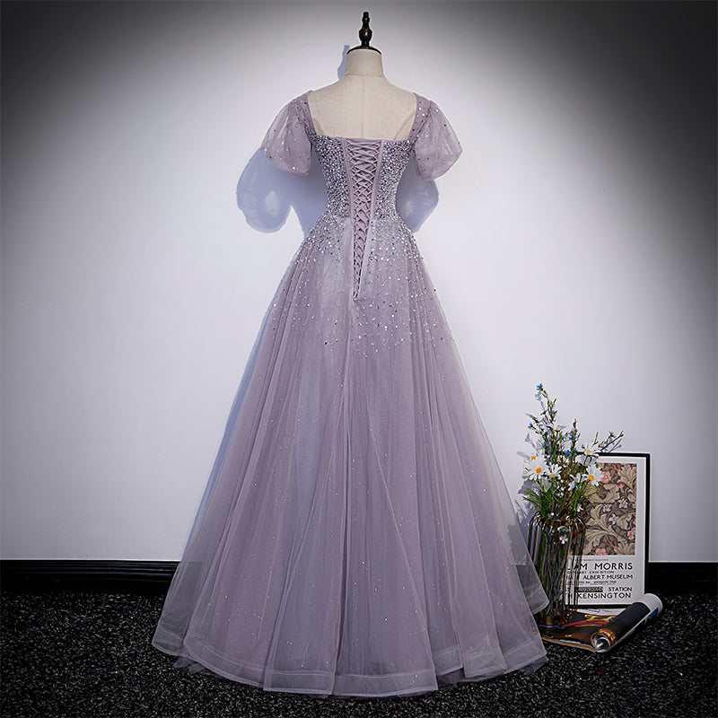 Beautiful Light Purple Sequins Short Sleeves Party Dress