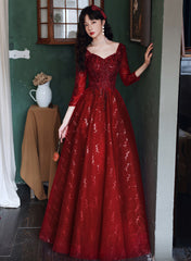Vestido de fiesta largo de tul rojo vino con encaje y cuentas en forma de A 