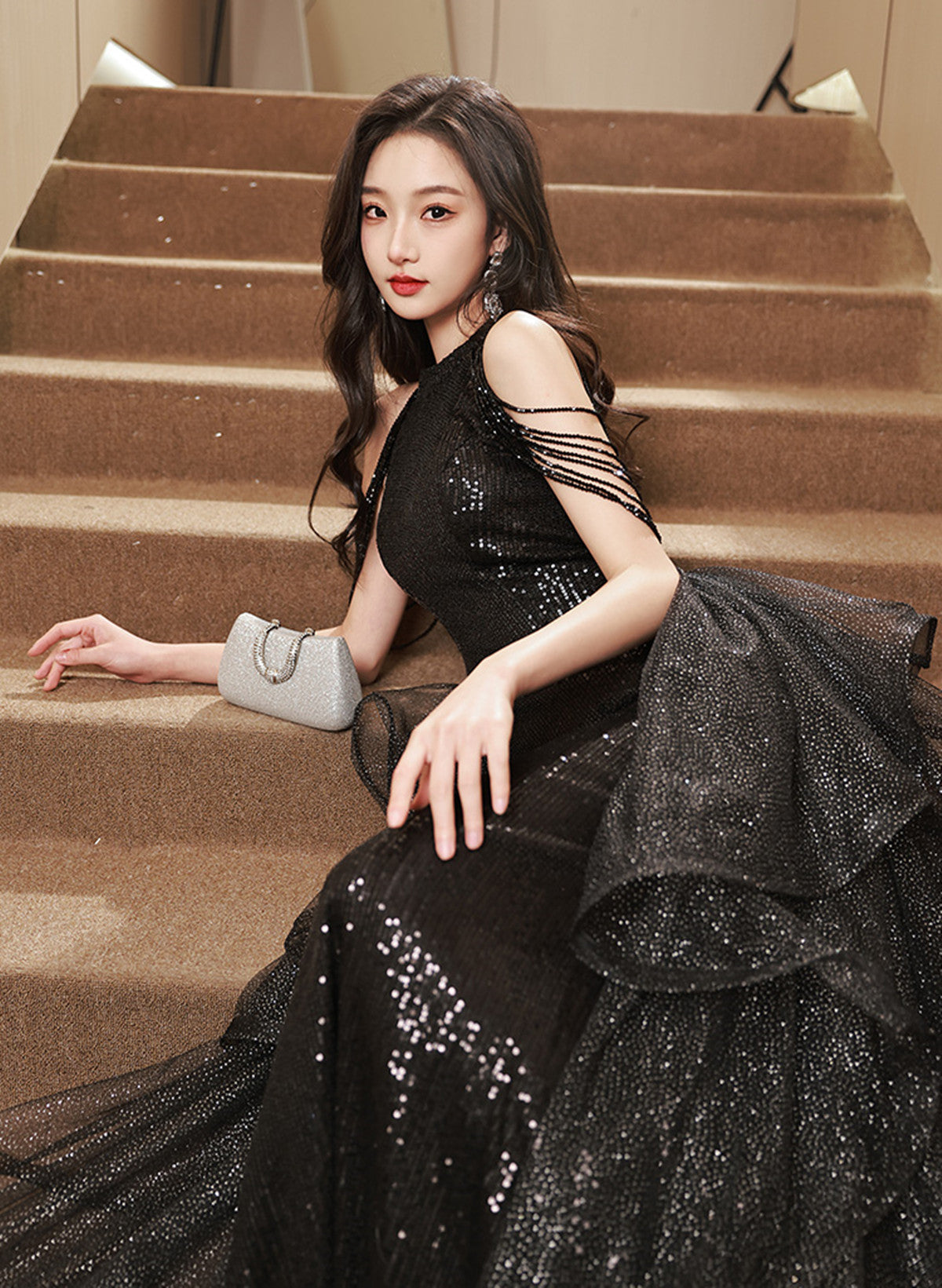 Black Halter Sequins and Tulle Long Party Dress