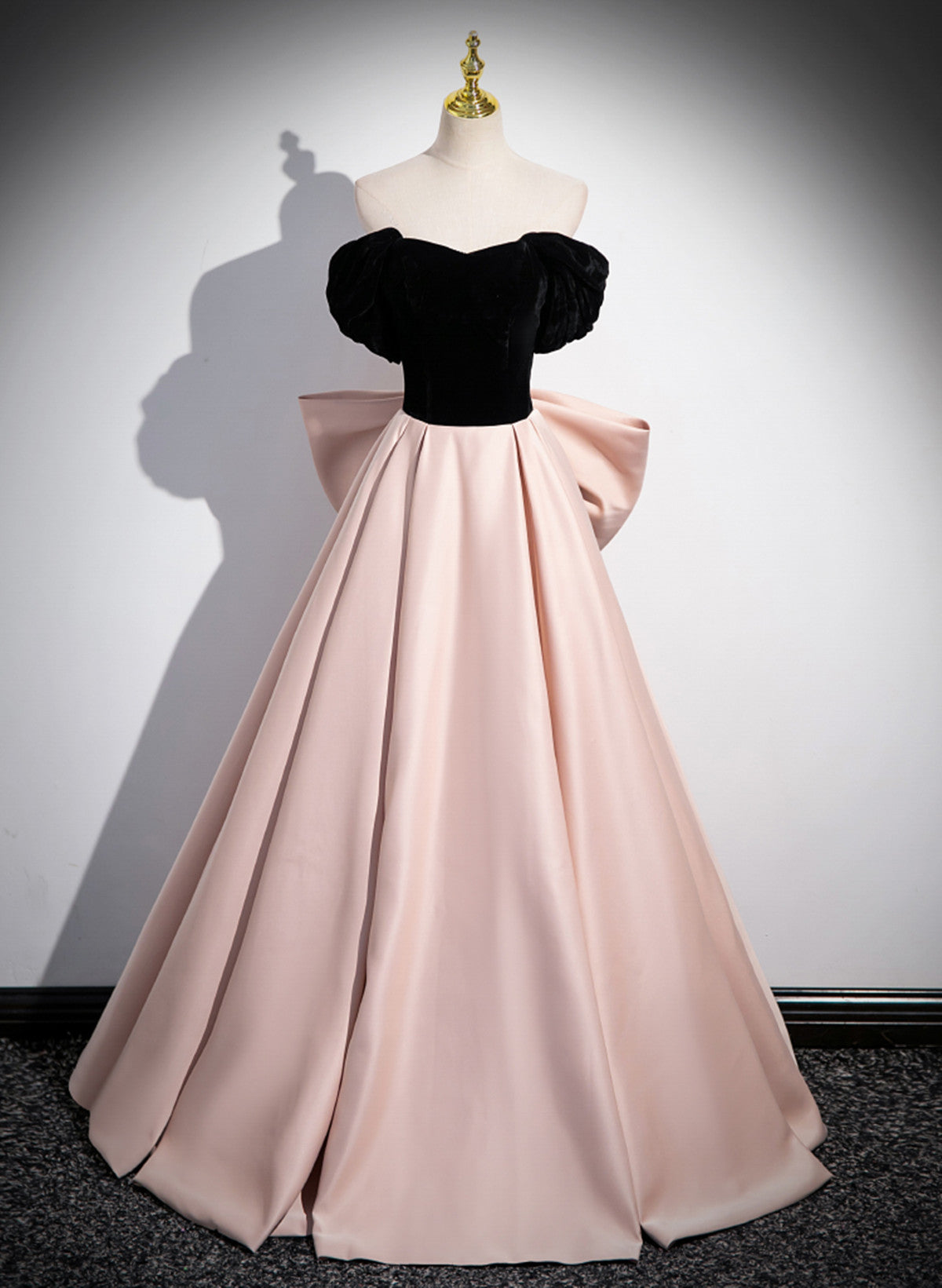 Pink and Black Off Shoulder Long Party Dress with Bow