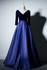 Pretty Royal Blue Long Sleeves Satin with Velvet Party Dress