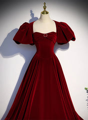 Vestido largo de fiesta con mangas abullonadas de terciopelo rojo vino 
