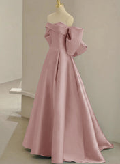 Vestido de fiesta largo y sencillo de satén rosa con hombros descubiertos 