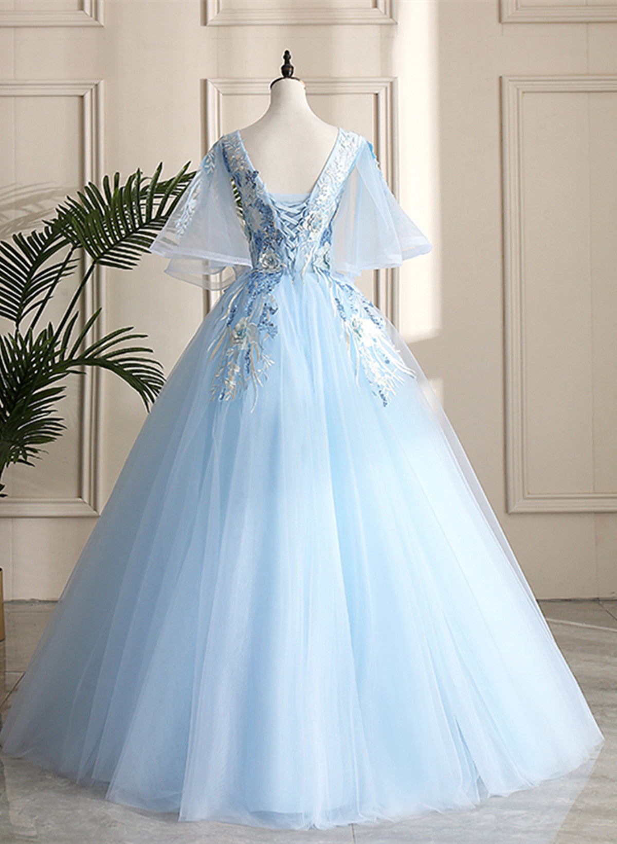 Light Blue Ball Gown V-neckline Puffy Sleeves Party Dress