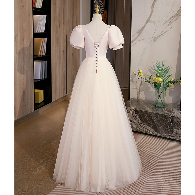 Light Champagne Tulle with Light Pink Satin Prom Dress