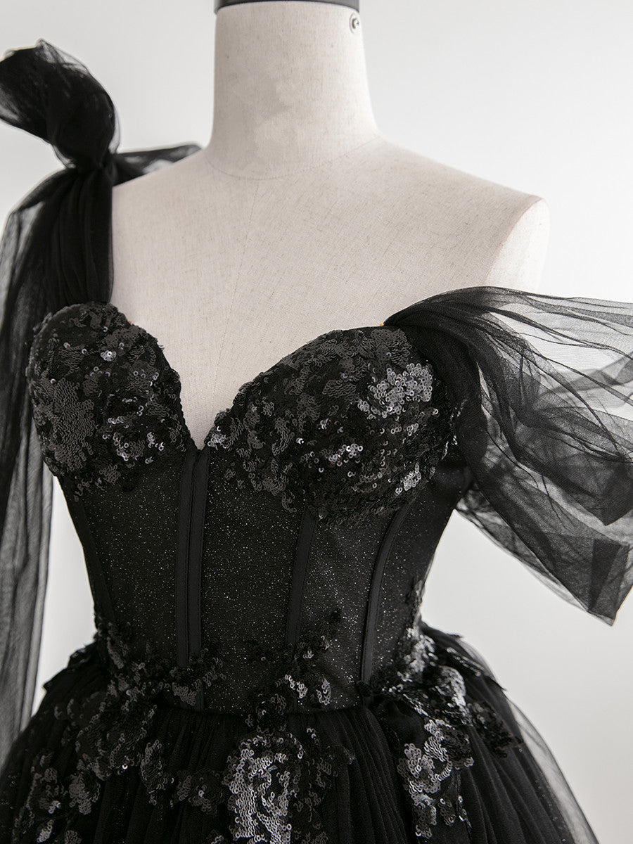 Sexy Black One Shoulder Tulle Sweetheart Sequins Party Dress