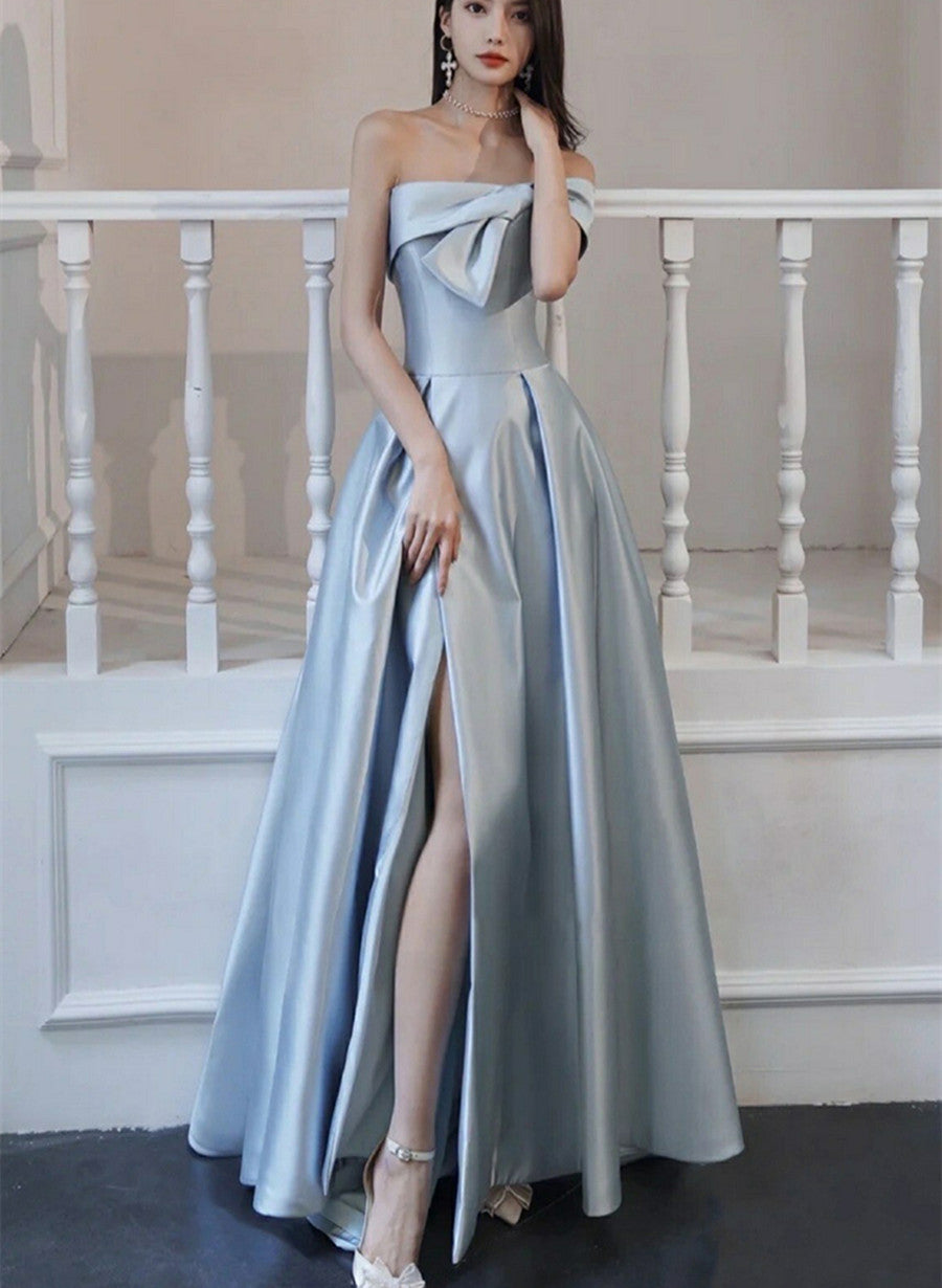 Blue Satin Long Prom Dress with Bow