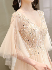 Light Champagne Tulle Slit Beaded Long Prom Dress