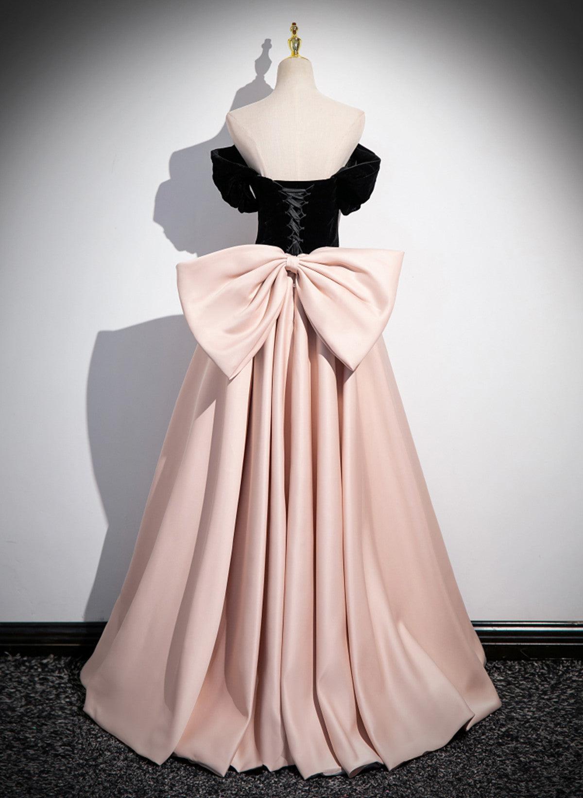 Pink and Black Off Shoulder Long Party Dress with Bow