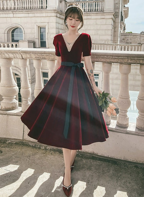 Vestido de fiesta de terciopelo rojo vino para regreso a casa 