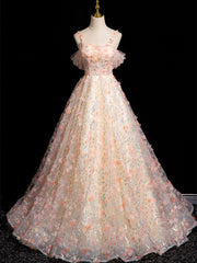 Vestido de fiesta con escote corazón, flores y encaje con tirantes rosas 