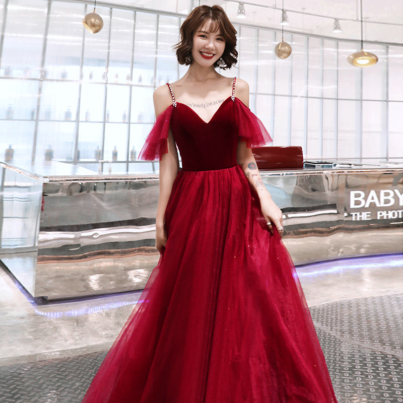 Charming Wine Red Straps Long Evening Party Dresses