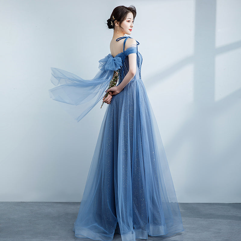 Blue Shiny Tulle Off Shoulder Beaded Straps A-line Party Dress