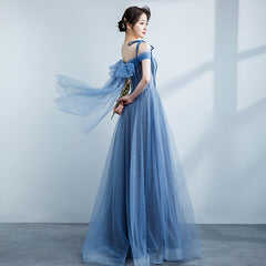 Blue Shiny Tulle Off Shoulder Beaded Straps A-line Party Dress