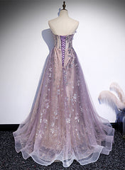 Vestido de fiesta largo hasta el suelo con corte A de tul morado claro y encaje 