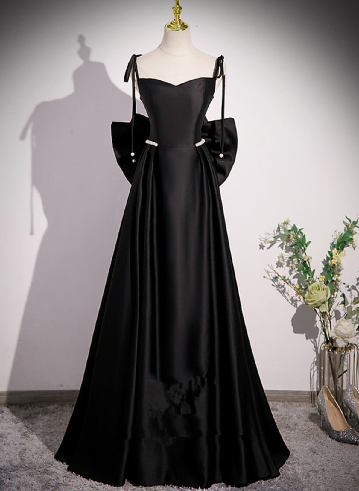 Black Satin Sweetheart Long Prom Dress with Bow