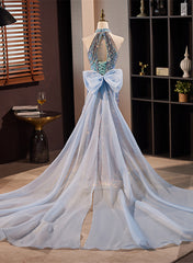 Blue Mermaid Sequins Halter Long Party Dress with Bow