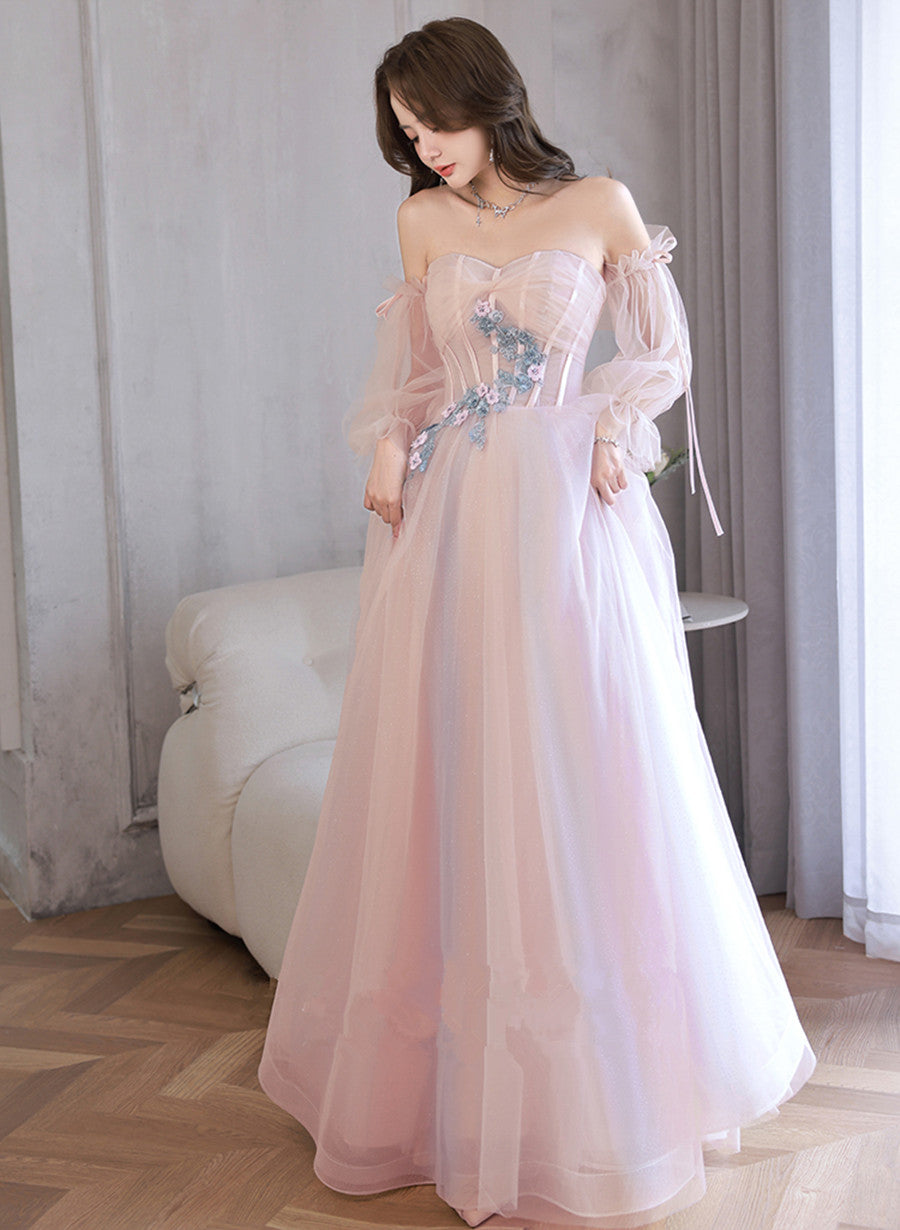 Light Pink Off Shoulder A-line Tulle Prom Dress with Lace