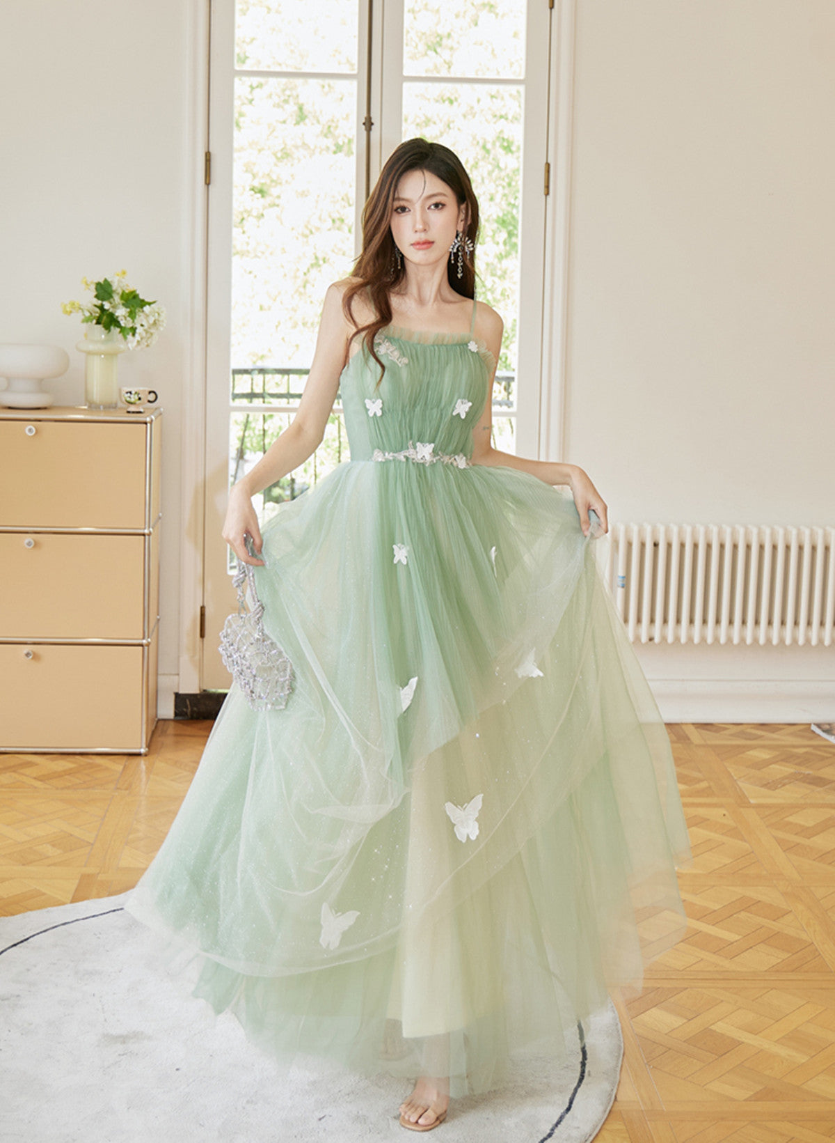 Light Green Tulle Straps Long Prom Dress