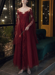 Vestido de fiesta largo de tul rojo vino con apliques de encaje 
