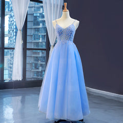 Blue V-neckline Tulle Beaded Long Straps Beaded Dress