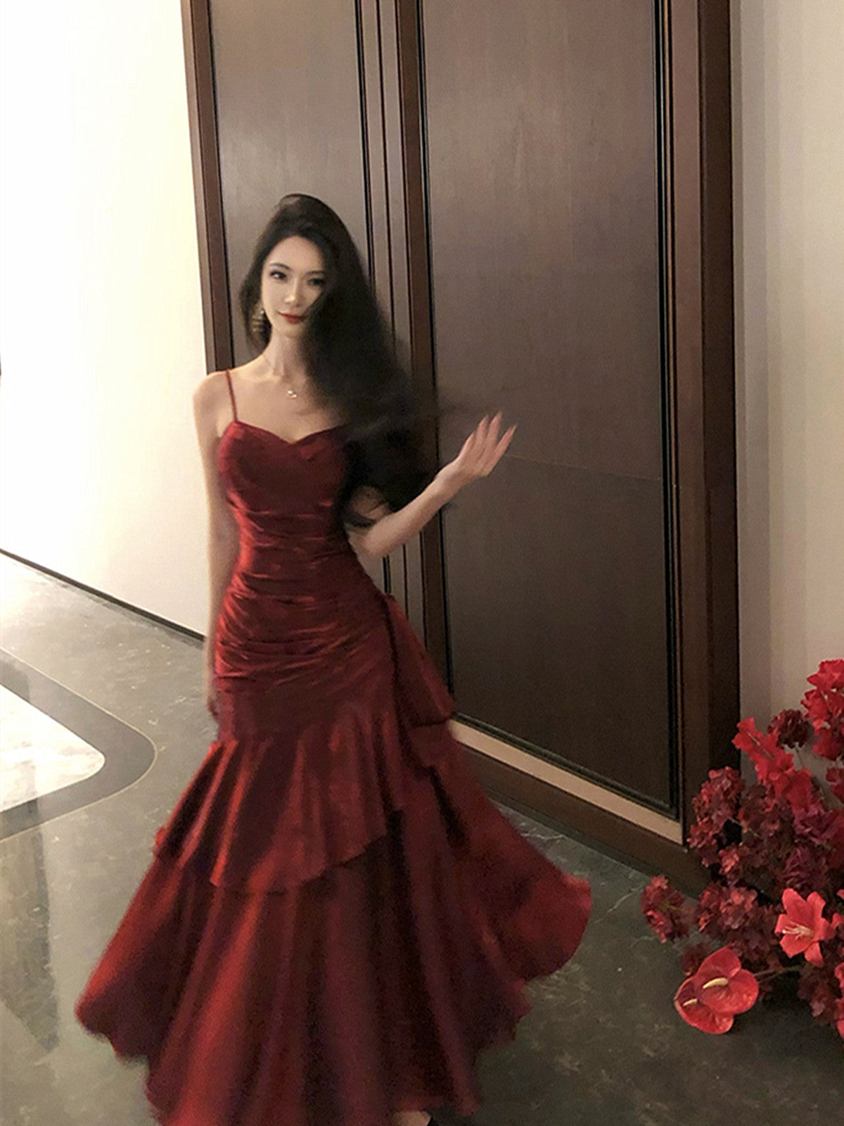 Wine Red Chic Satin Mermaid Sweetheart Long Party Dress