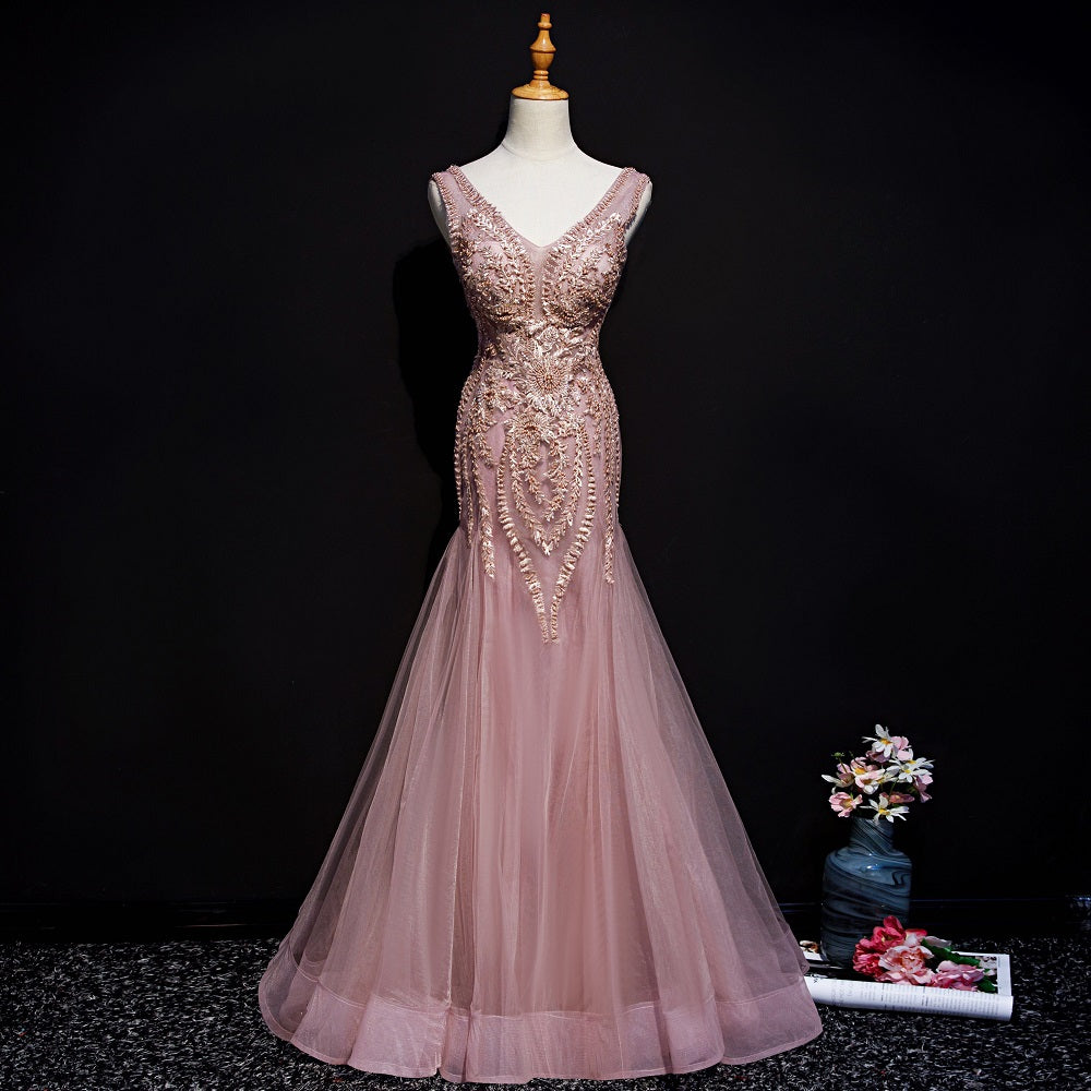 Pink Mermaid Tulle Long Evening Dress with Lace