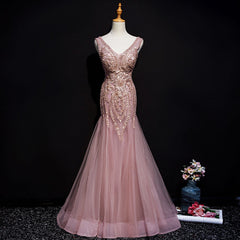 Pink Mermaid Tulle Long Evening Dress with Lace