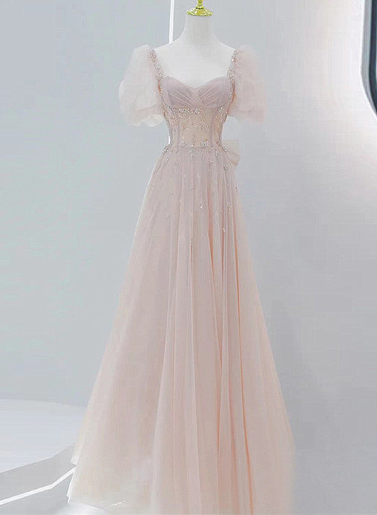 Pink Beaded Tulle Short Sleeves Long Party Dress