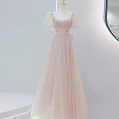 Pink Beaded Tulle Short Sleeves Long Party Dress