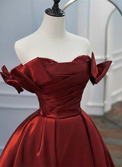 Wine Red Satin A-line Beaded Off Shoulder Party Dress