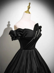 A-line Black Satin Sweetheart Off Shoulder Prom Dress