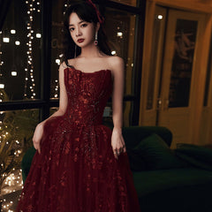 Wine Red Floral Lace and Tulle Long Evening Gown Party Dress