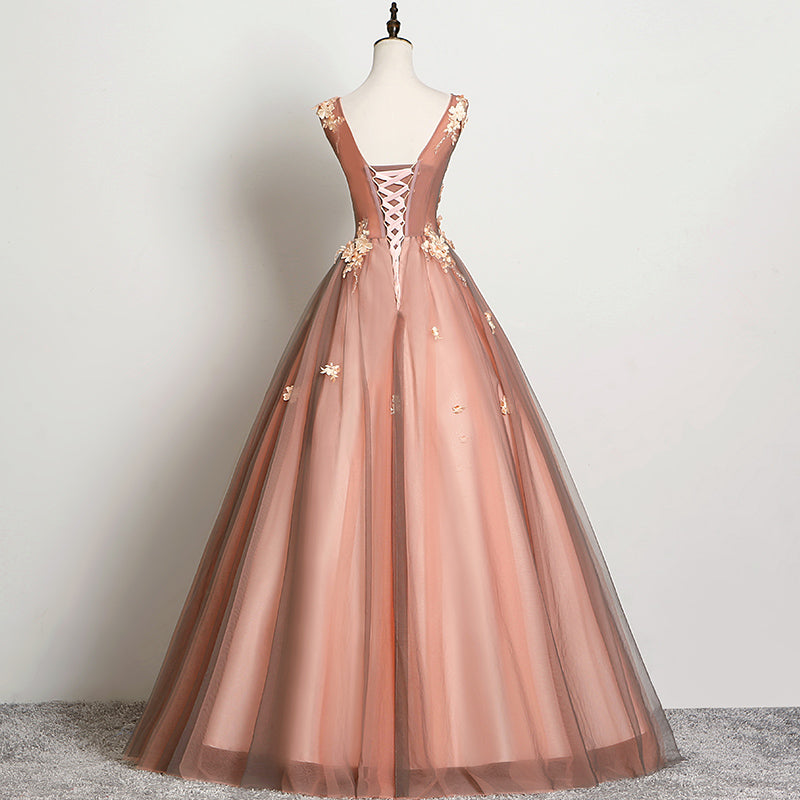 Hermoso vestido de fiesta de tul con escote en V en color rosa para dulces 16 