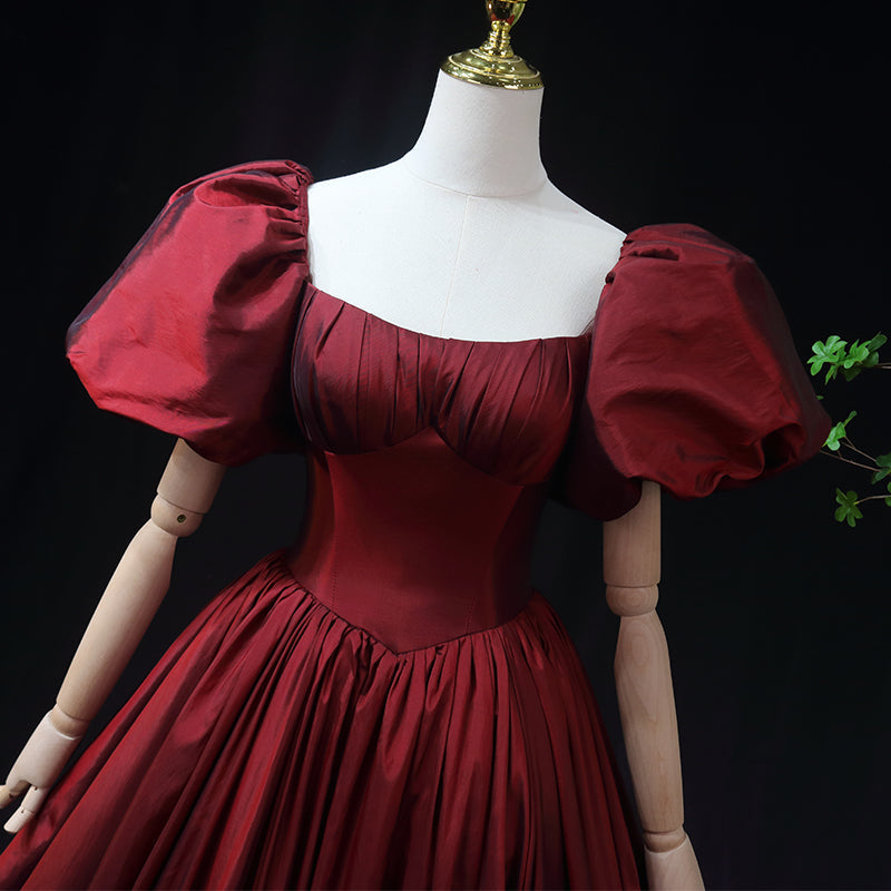 Vestido de fiesta largo de tafetán rojo vino con mangas cortas 