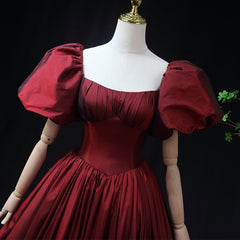 Vestido de fiesta largo de tafetán rojo vino con mangas cortas 