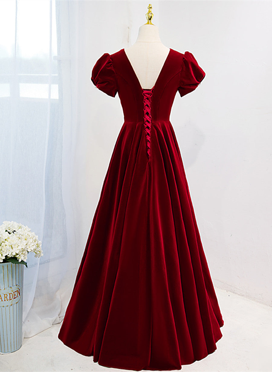 Vestido de fiesta de terciopelo con escote en V rojo vino 