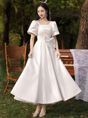 White Satin A-line Short Sleeves Party Dress with Bow