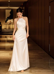 Vestido largo de fiesta de satén blanco Haler Vestido de graduación 