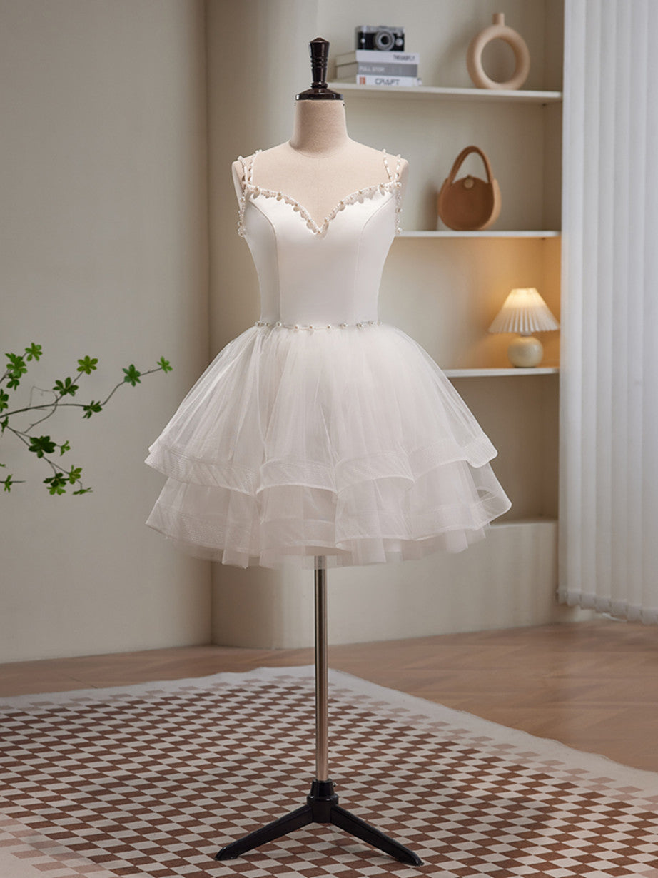 Cute White Short Tulle Beaded Graduation Dress