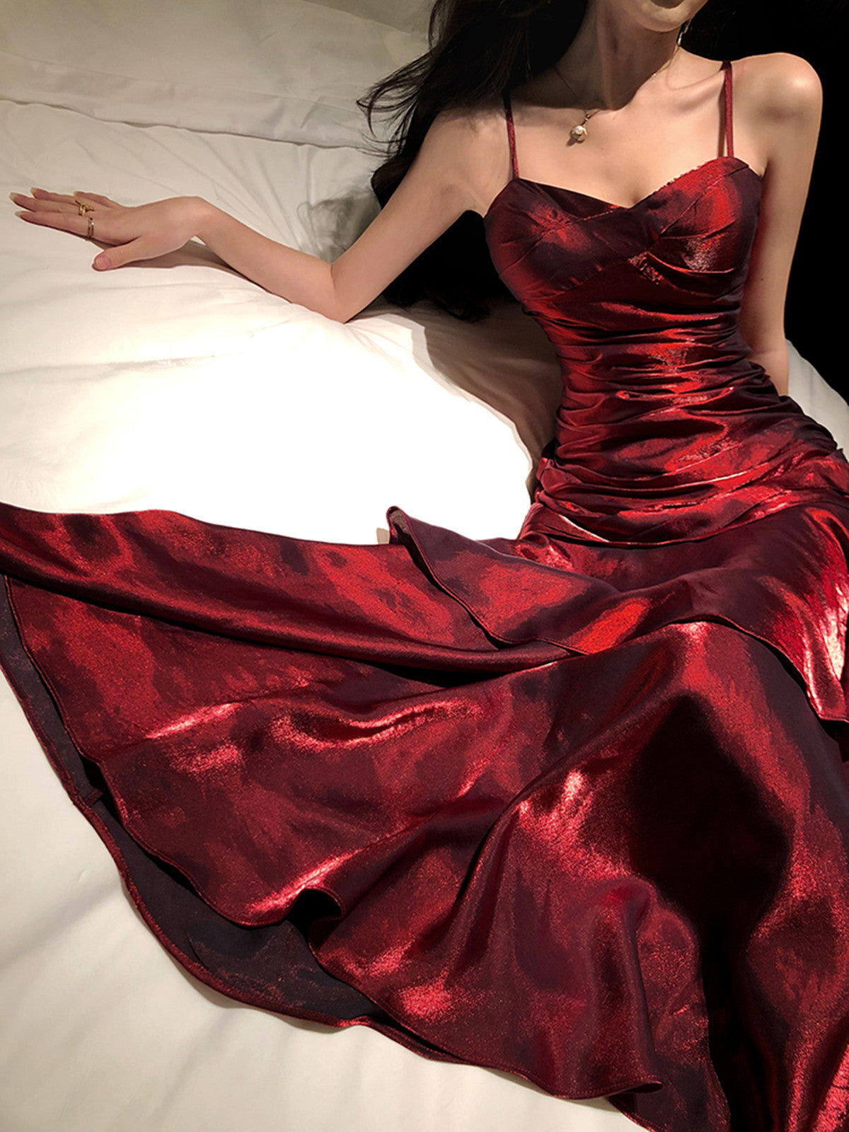 Wine Red Chic Satin Mermaid Sweetheart Long Party Dress