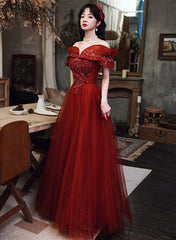 Wine Red Tulle Off Shoulder Floor Length Party Dress