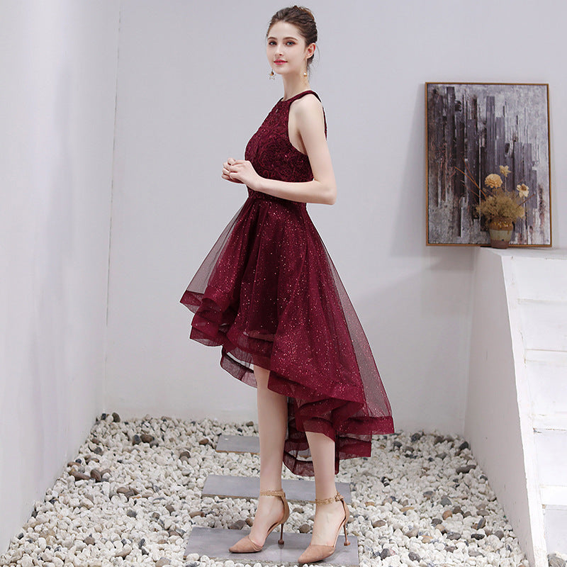Beautiful Burgundy Halter High Low Tulle Lace Homecoming Dress