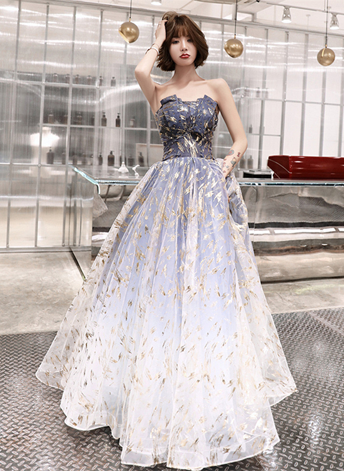 Blue Cute Tulle Gradient Long Party Dress